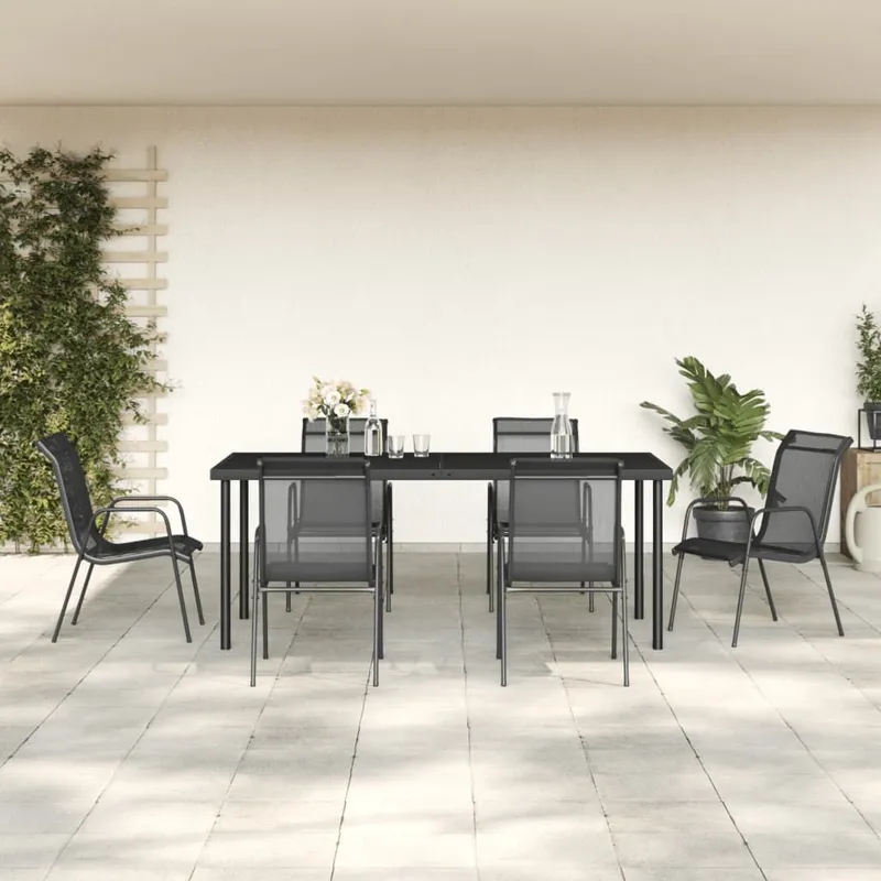 7-tlg. Garten-Essgruppe Schwarz Stahl und Textilene