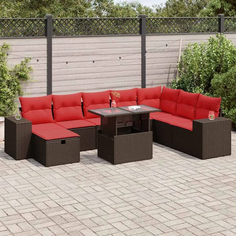 9-tlg. set divano da giardino con cuscini nero Poly Rattan