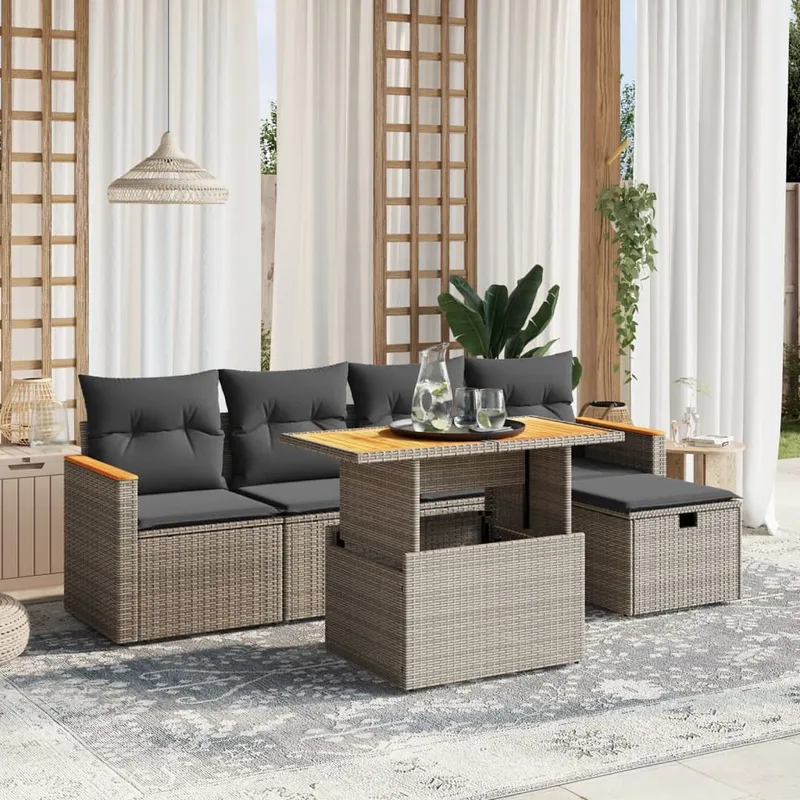 6-tlg. Garten-Sofagarnitur mit Kissen Grau Poly Rattan