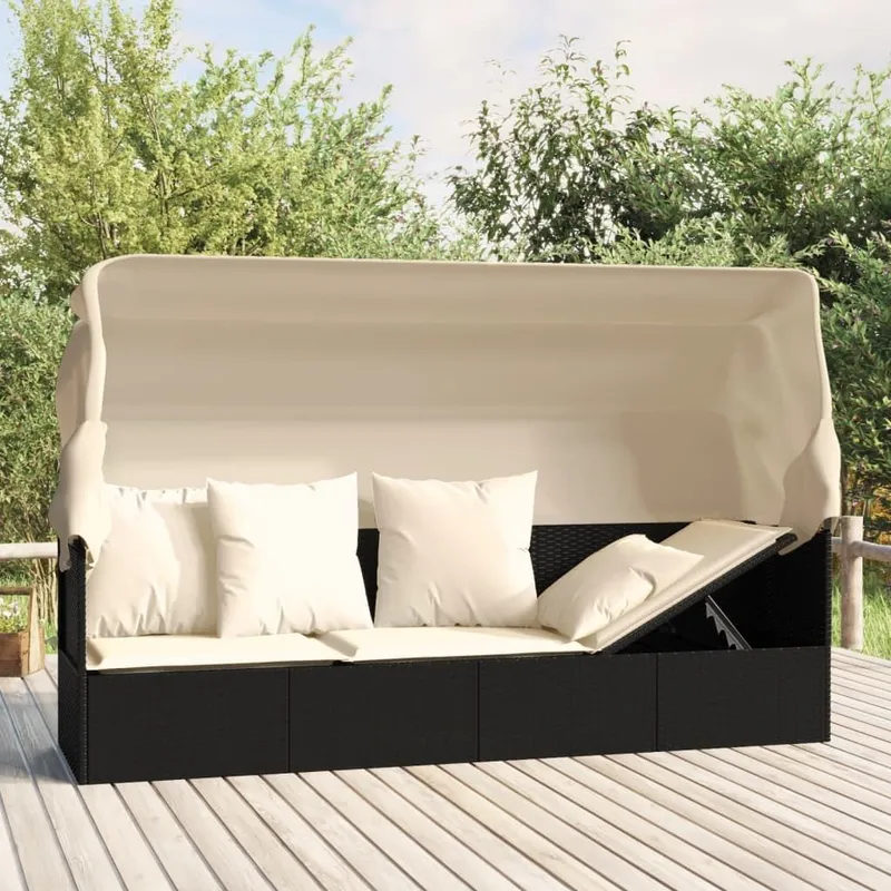 Outdoor-Loungeletto con tetto e cuscini nero Poly Rattan