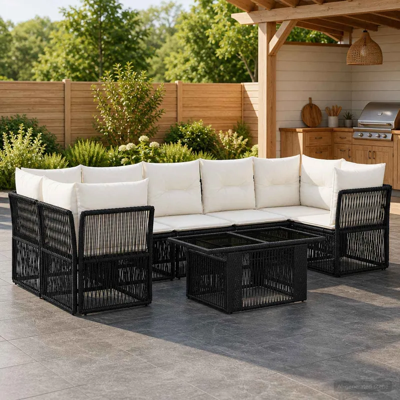 Ensemble de canapé de jardin 8 pc Noir polyrotin