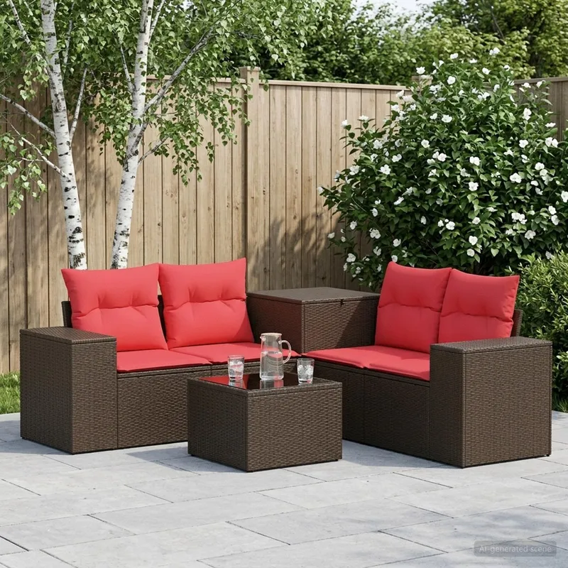 divano Set 6 pz. marrone e rosso polyrattan e acciaio