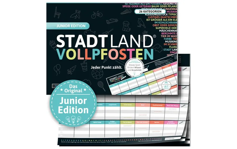 Denkriesen Partyspiel STADT LAND VOLLPFOSTEN – Junior Edition