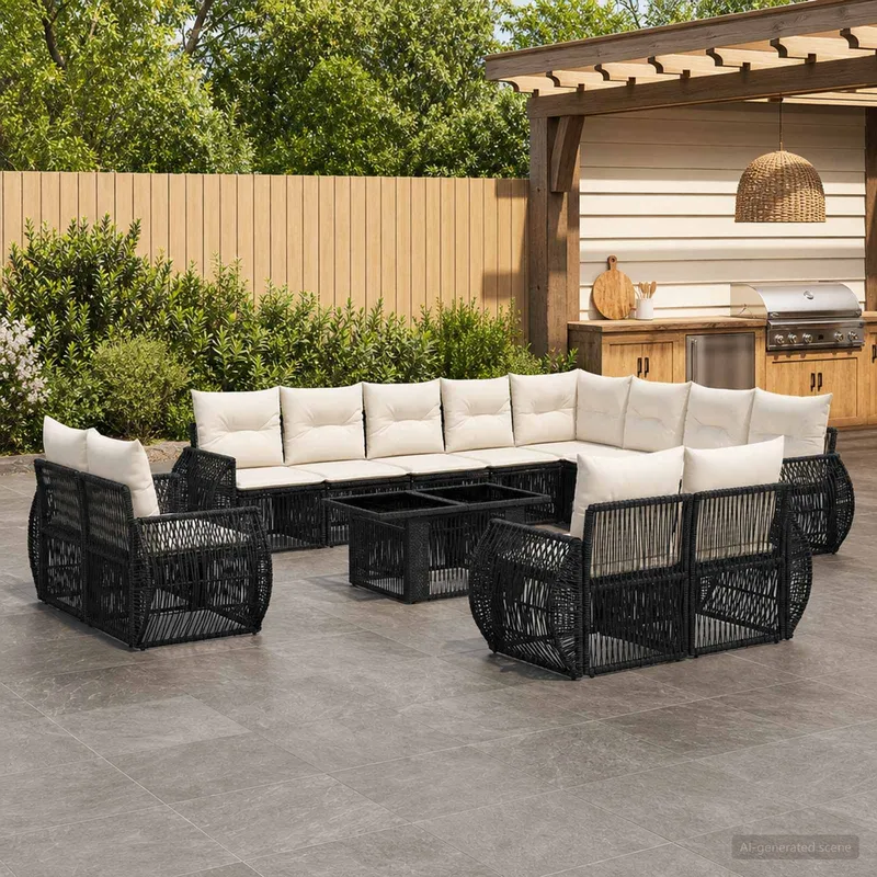 Gartensofa-set 13 stk. Schwarz und Cremeweiß Poly-Rattan