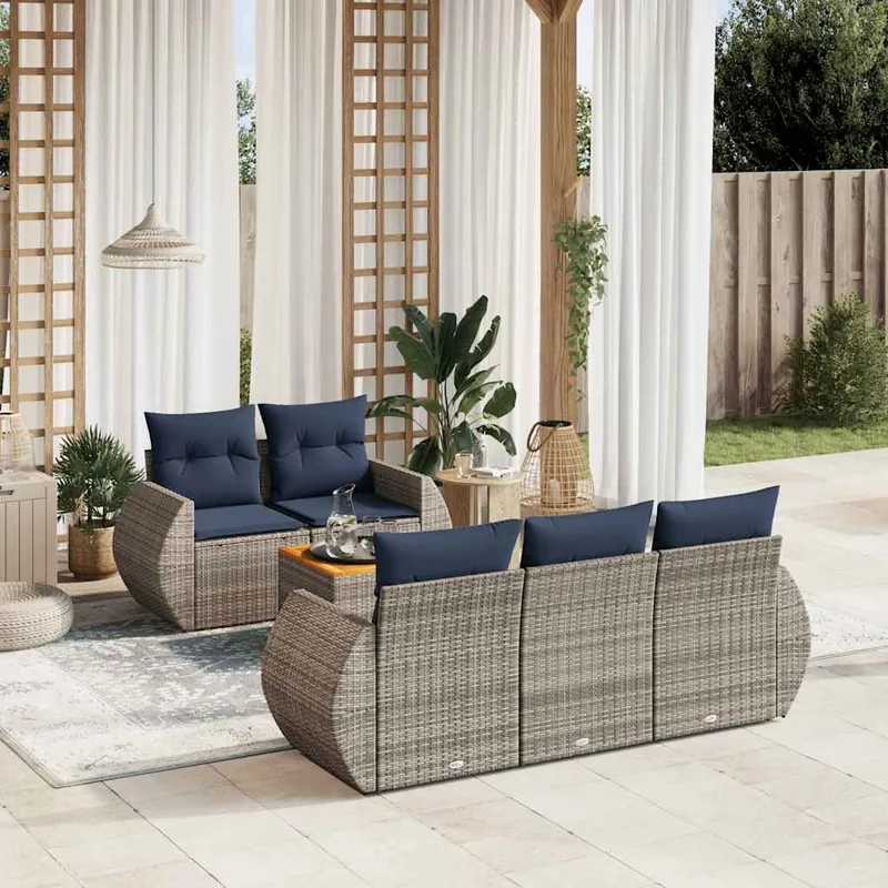 6 pezzi set divano da giardino con cuscini, grigio, polyrattan