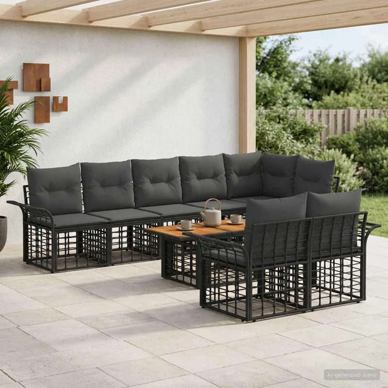 Gartensofa-set 9 stk. Schwarz und Dunkelgrau Poly-Rattan