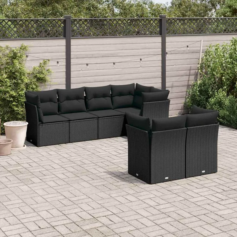 7-tlg. set divano da giardino con cuscini nero Poly Rattan