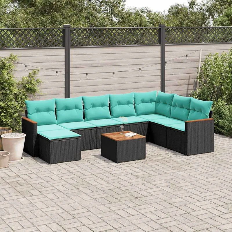 9 pezzi set divano da giardino con cuscini, nero polyrattan