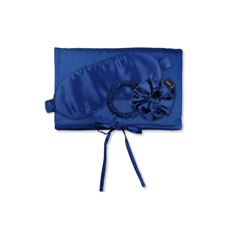Ailoria TRAVEL SET Tasche Schlafmaske Scrunchie S & M Seide Blau