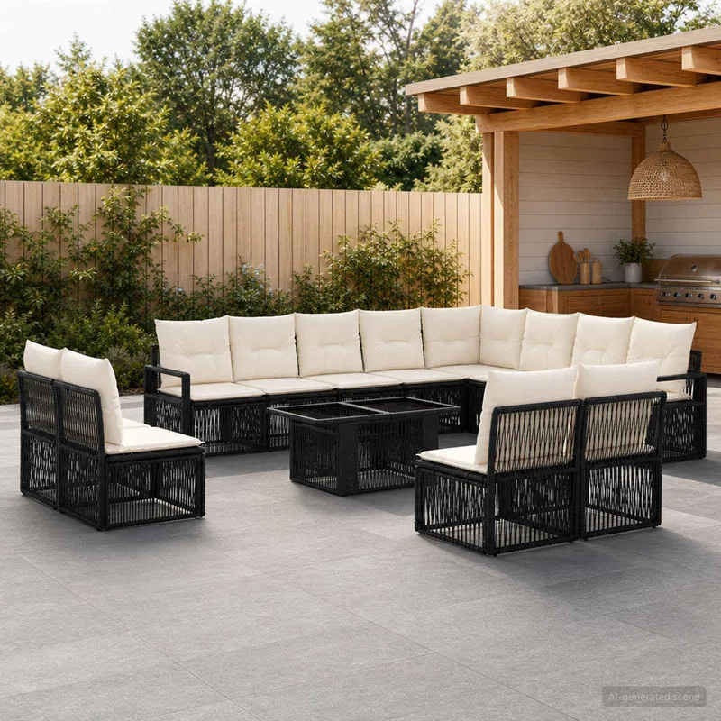 Gartensofa-set 13 stk. Schwarz und Cremeweiß Poly-Rattan