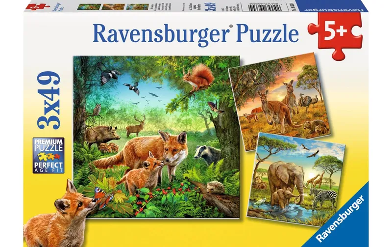Ravensburger Puzzle Tiere der Erde 3 x 49 Teile con Mini-Postern