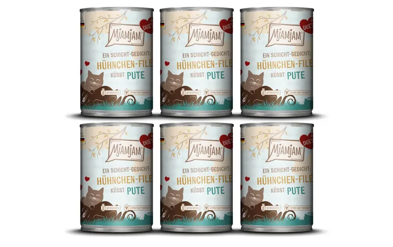 Mjamjam Nassfutter Duett Hühnchen-Filet küsst Pute, 6 x 390 g