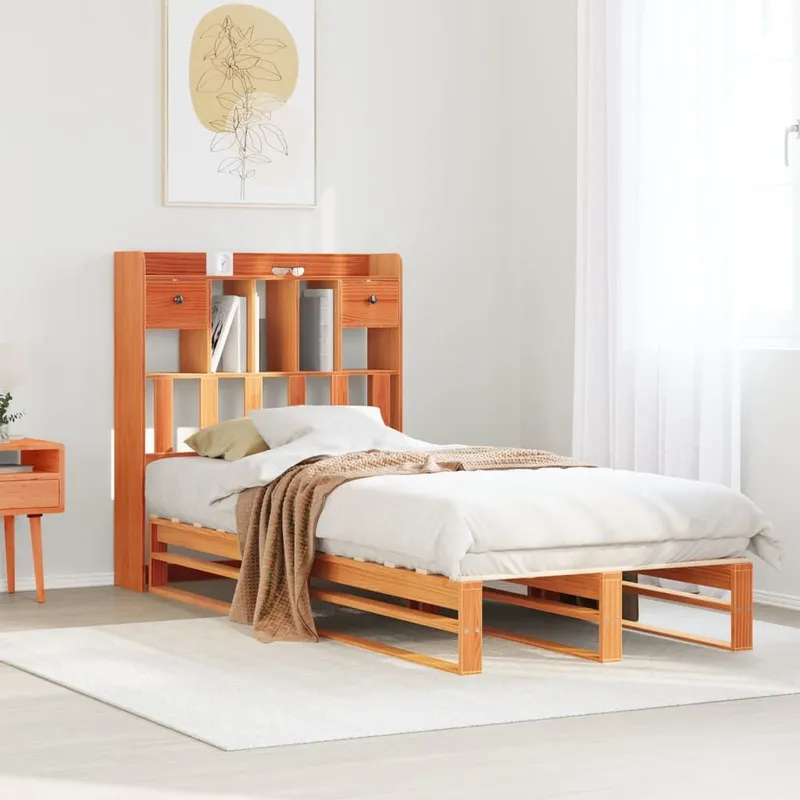 letto in legno massiccio con scaffale senza materasso marrone cerato 75x190 cm