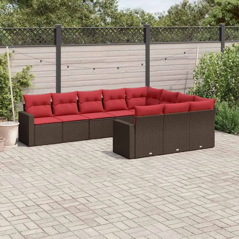 10-tlg. Garten-Sofagarnitur mit Kissen Braun Poly Rattan