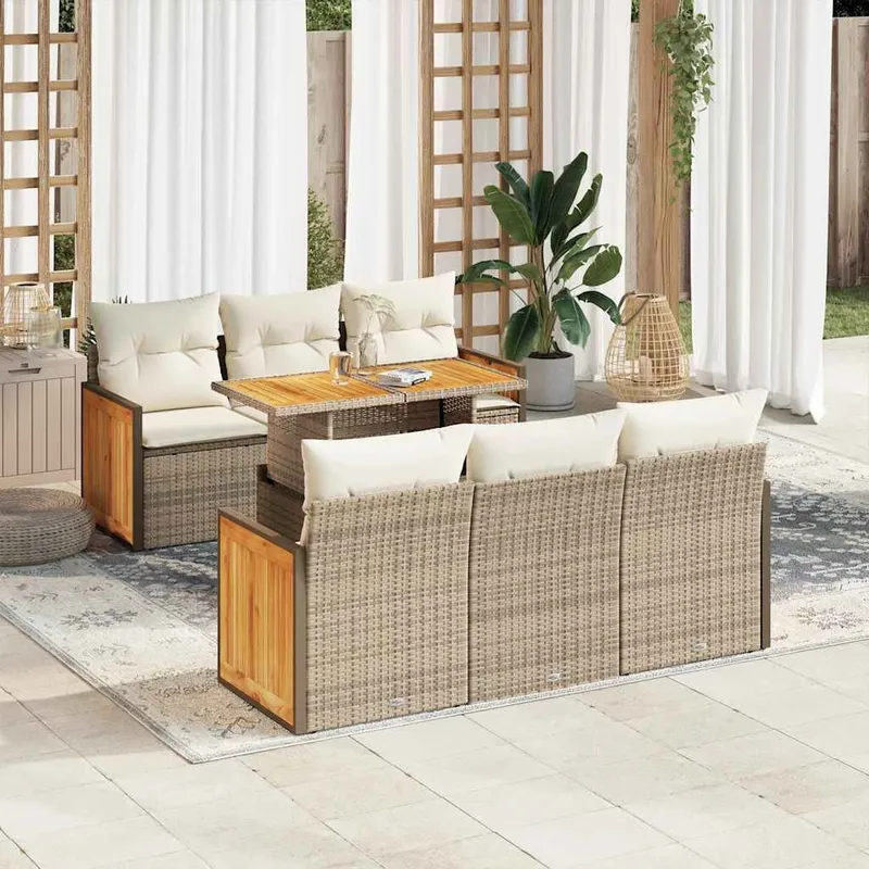 7-tlg. set divano da giardino con cuscini Beige Poly Rattan Akazie