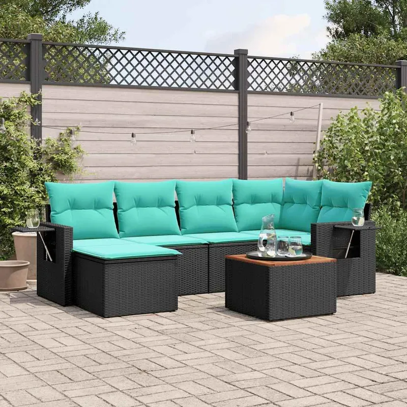 7-teiliges Gartensofa-Set mit Kissen, schwarzes Polyrattan