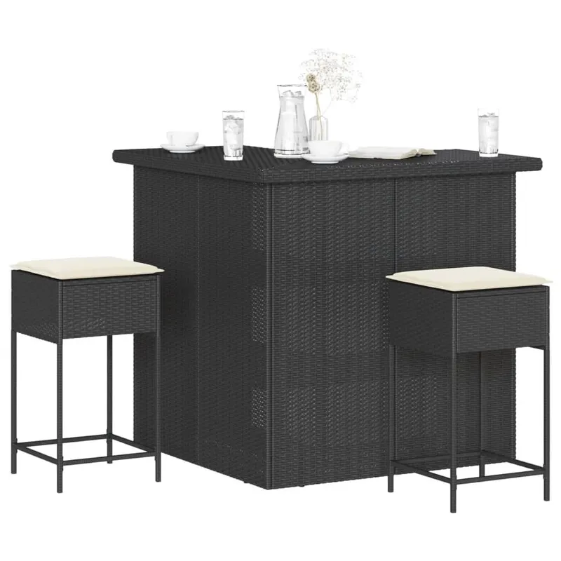 Ensemble de bar de jardin 3 pcs avec coussins noir poly rotin