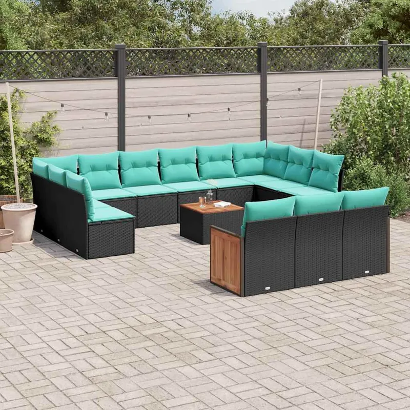 14 pezzi set divano da giardino con cuscini, nero polyrattan