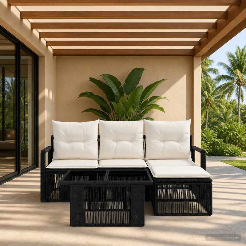 Gartensofa-set 5 stk. Schwarz und Cremeweiß Poly-Rattan