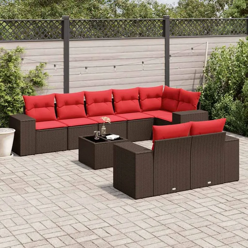 9-teiliges Gartensofa-Set mit Kissen, braun, Polyrattan