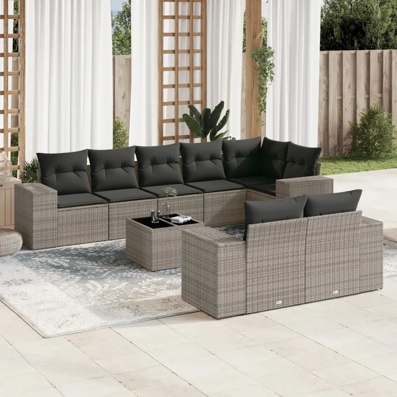 9-tlg. set divano da giardino con cuscini grigio Poly Rattan