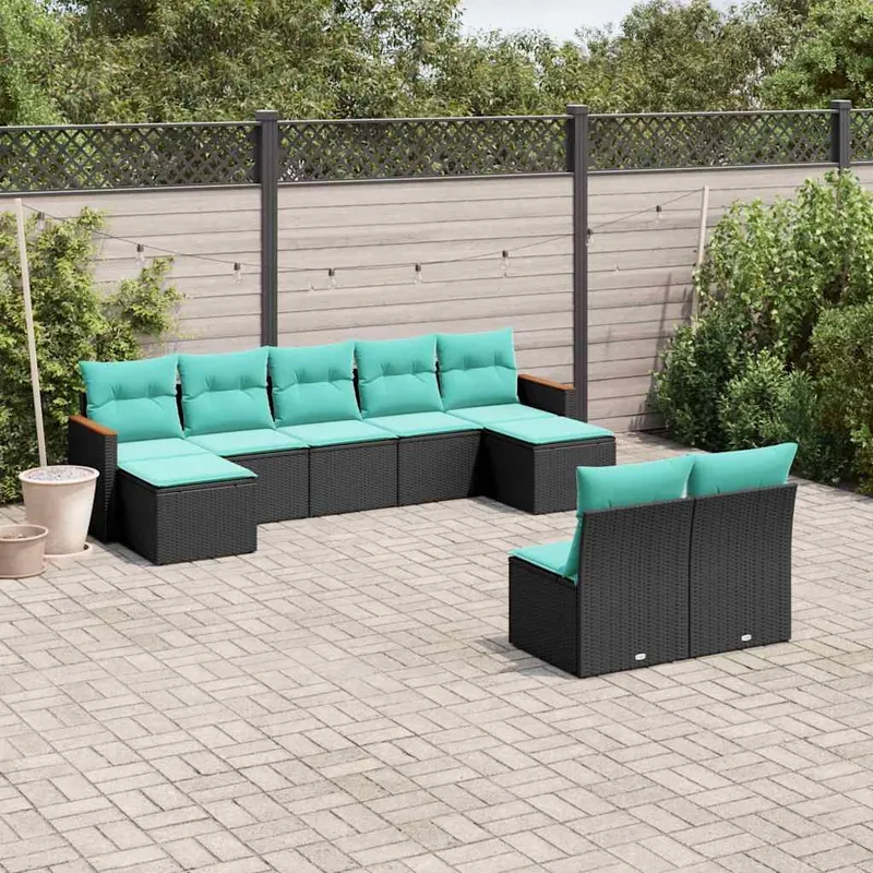 9-teiliges Gartensofa-Set mit Kissen, schwarzes Polyrattan