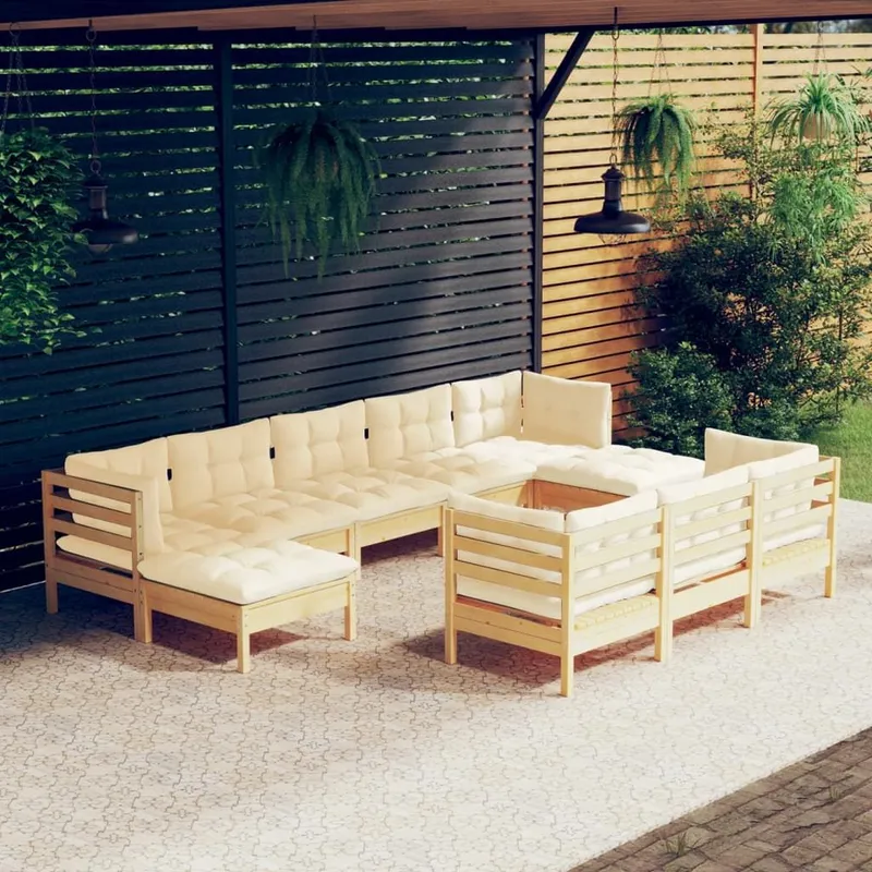 10-tlg. Garten-Lounge-Set mit Creme Kissen solid pine wood
