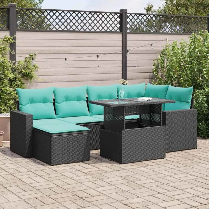 7-tlg. set divano da giardino con cuscini nero Poly Rattan