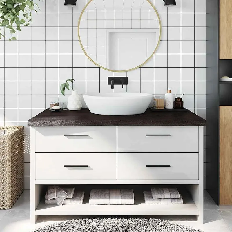 Comptoir de salle de bain marron foncé bois massif traité