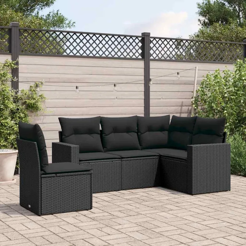 5-tlg. set divano da giardino con cuscini nero Poly Rattan