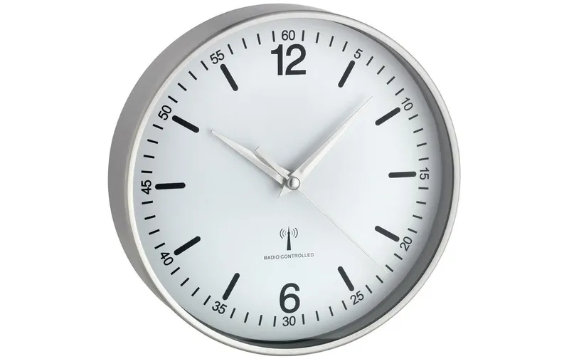 TFA Dostmann Funk-Wanduhr mit Aluminium-Rahmen 19.5 cm, Silber/blanc