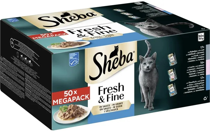 Sheba Nassfutter Sauce avec Kabeljau, Lachs et Thunfisch, 50 x 50g