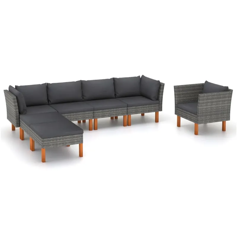7 pz. Garten-Lounge-Set Poly Rattan e Eukalyptusholz grigio