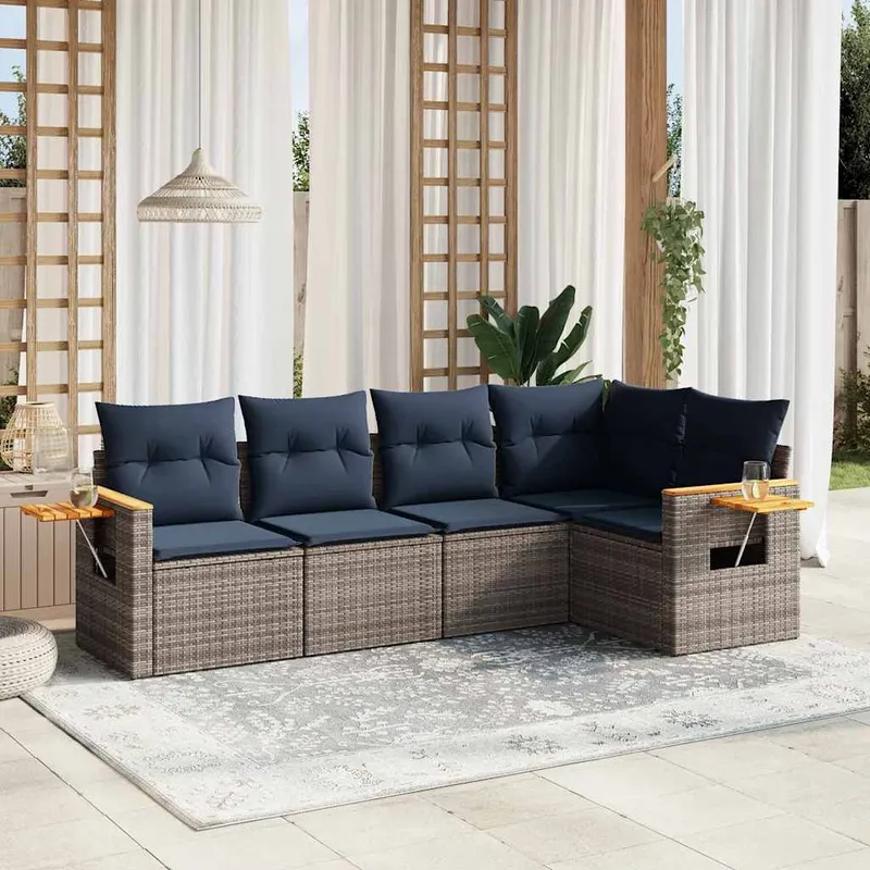 5-tlg. Garten-Sofagarnitur mit Kissen Grau Poly Rattan