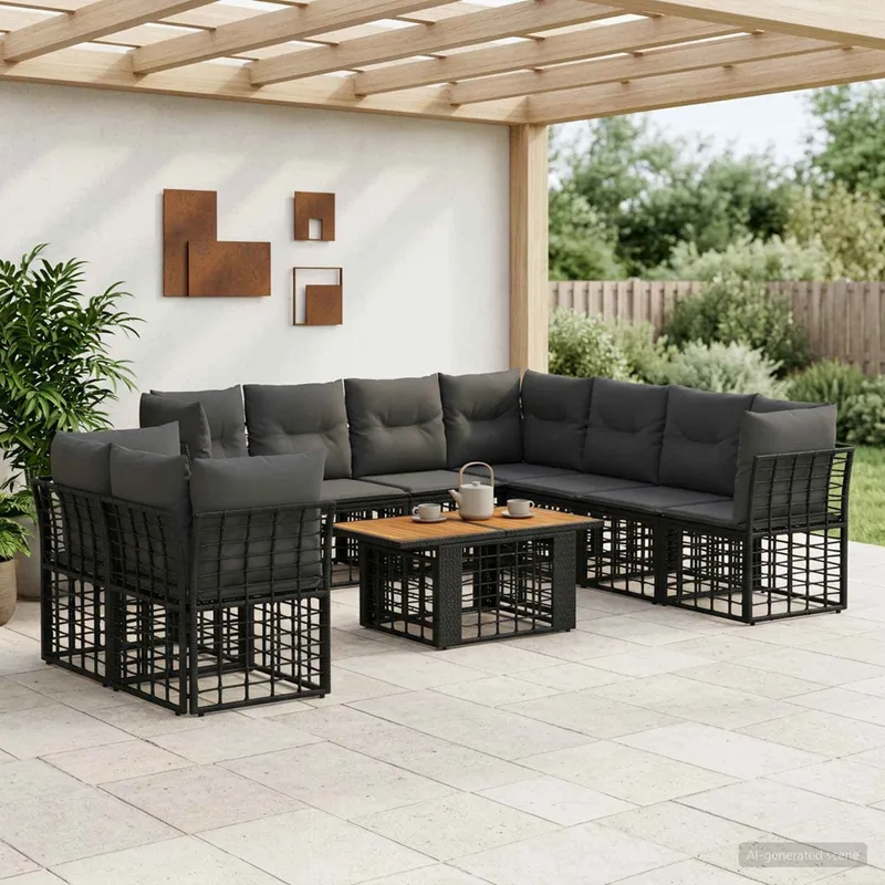 Gartensofa-set 10 stk. Schwarz und Dunkelgrau Poly-Rattan