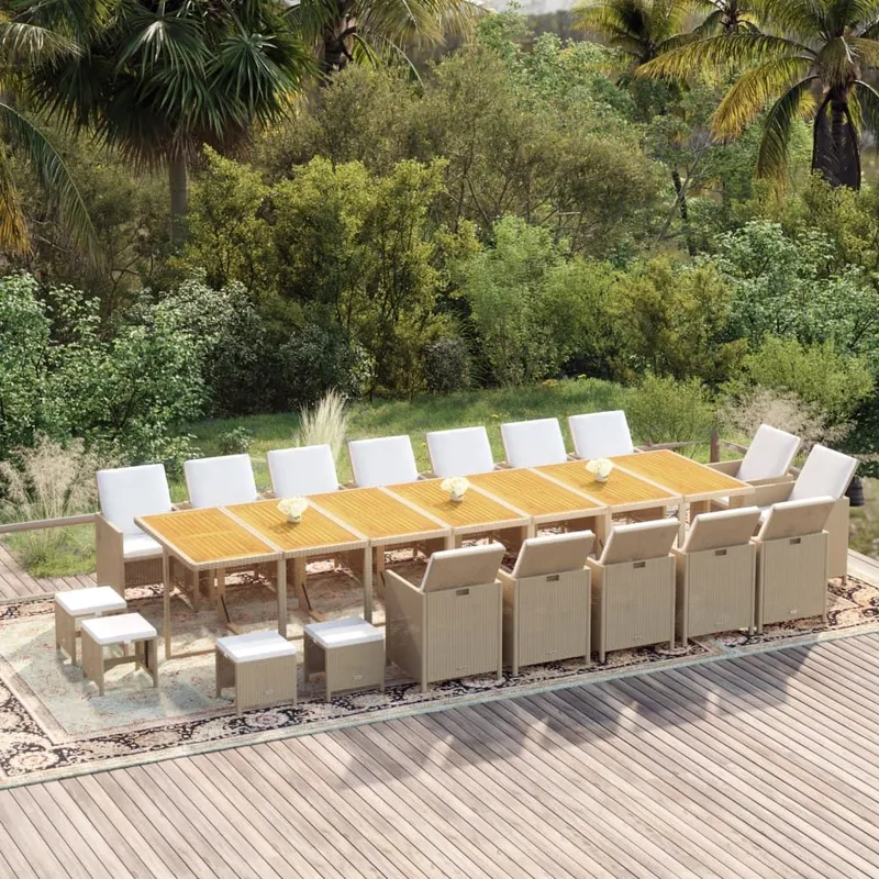 19 pz. set pranzo da giardino con cuscini Poly Rattan beige