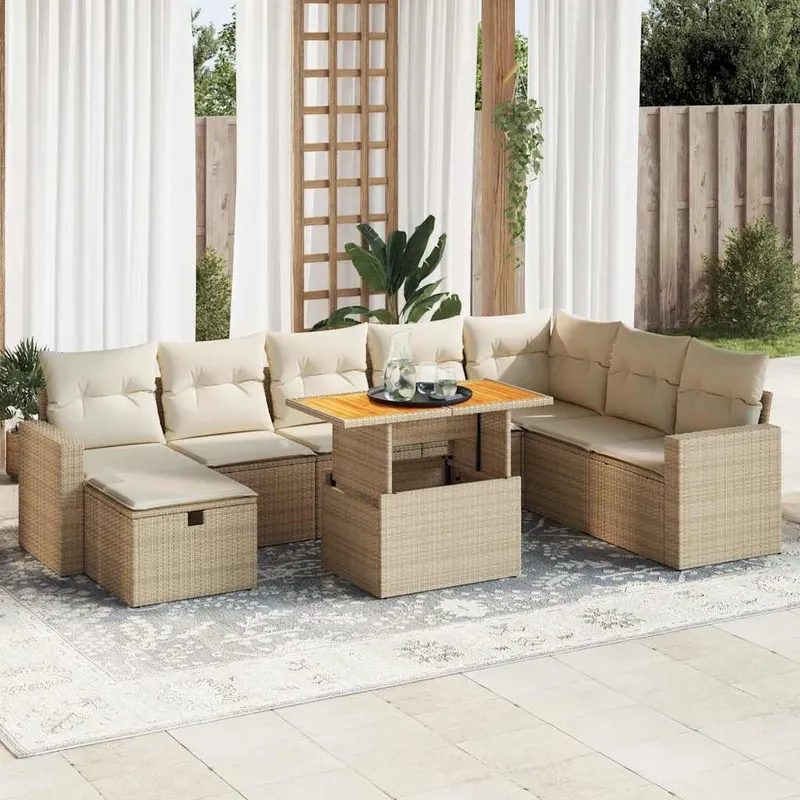 9-tlg. Garten-Sofagarnitur mit Kissen Beige Poly Rattan Akazie