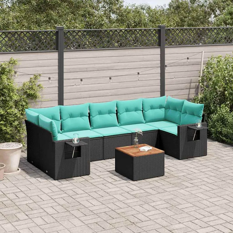 8-teiliges Gartensofa-Set mit Kissen, schwarzes Polyrattan