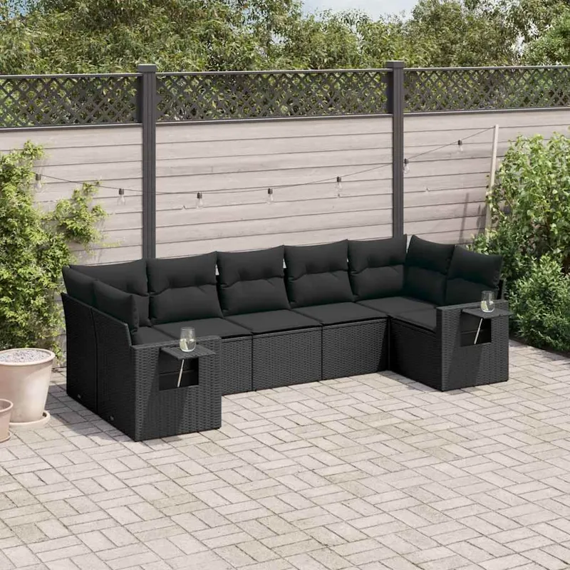 7-tlg. set divano da giardino con cuscini nero Poly Rattan