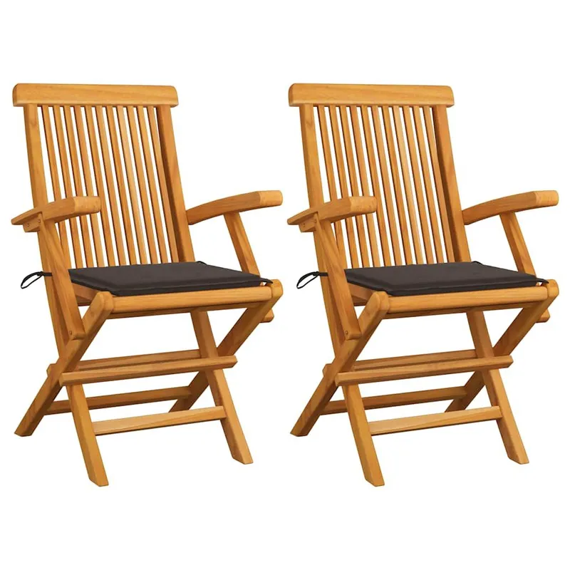 Chaises pliantes avec coussins taupe, 2 pièces, en bois de teck massif