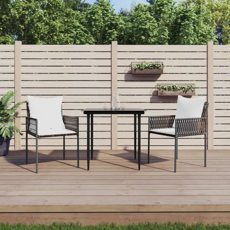 3 pz. set pranzo da giardino con cuscini Poly Rattan e acciaio