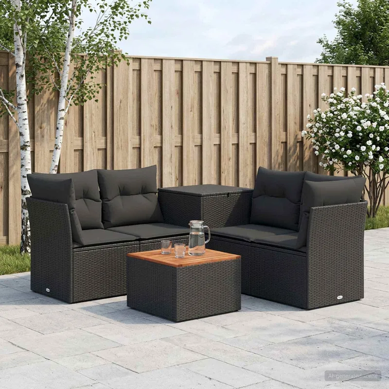 Sofa Set 6 stk. Schwarz Polyrattan und Stahl