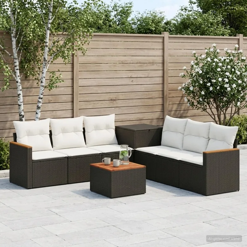 Sofa Set 8 stk. Schwarz und Cremeweiß Polyrattan und Stahl