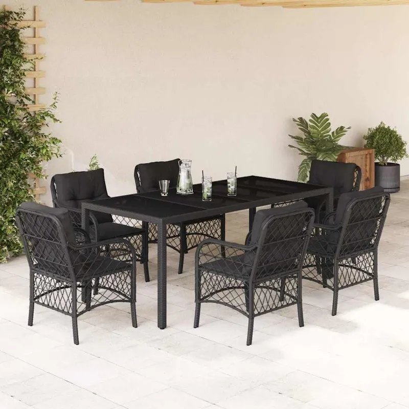 Ensemble à manger de jardin coussins 7pcs Noir Résine tressée