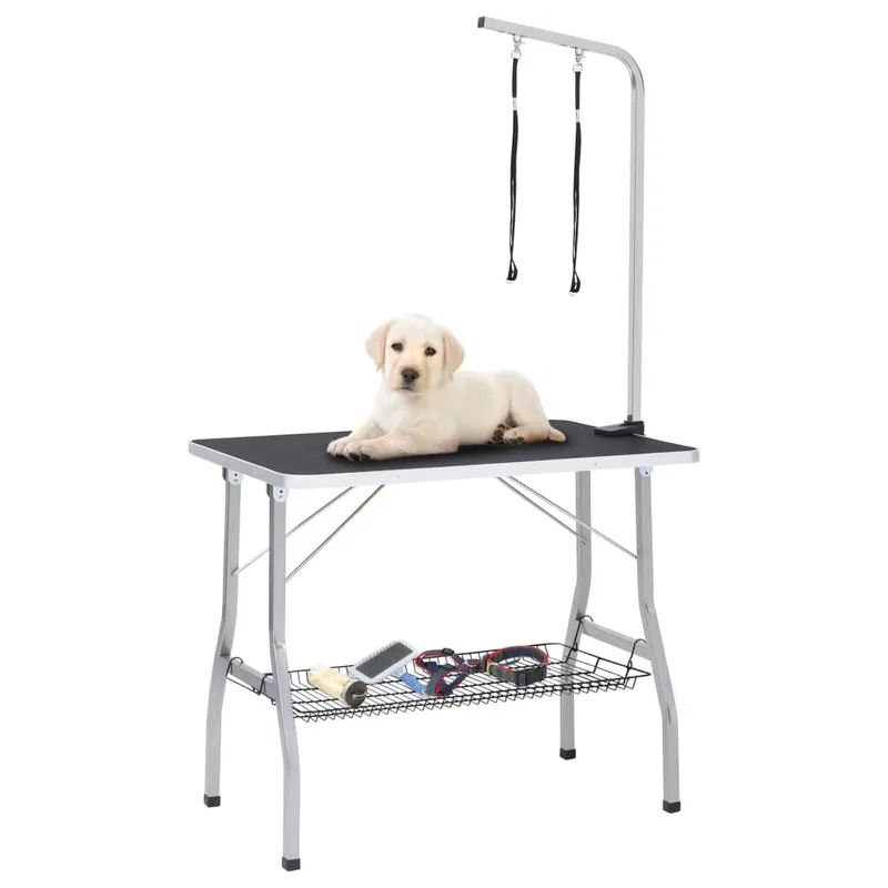 Table de toilettage réglable de chiens avec 2 boucles et panier