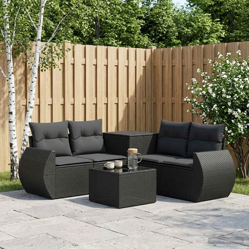Sofa Set 6 stk. Schwarz Polyrattan und Stahl