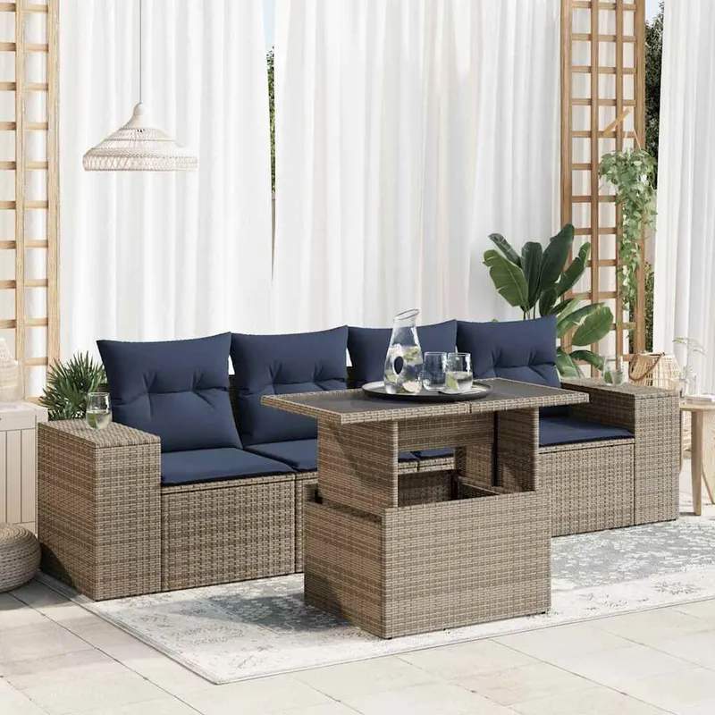 5-tlg. set divano da giardino con cuscini grigio Poly Rattan Akazie