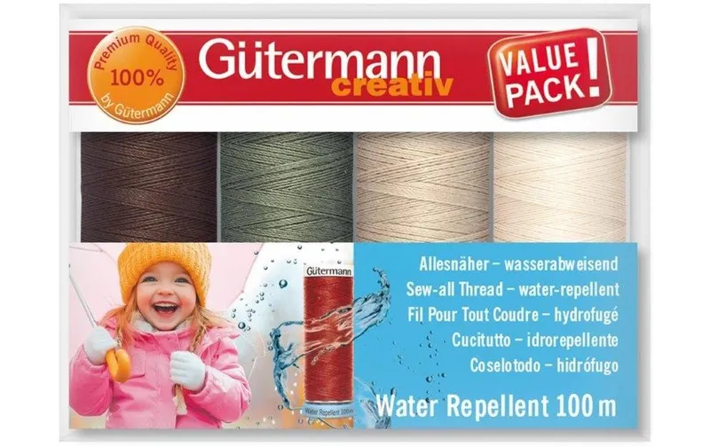 Gütermann Nähgarn-Set Water Repellent 4 Stück, Grün/Braun/Beige/Weiss