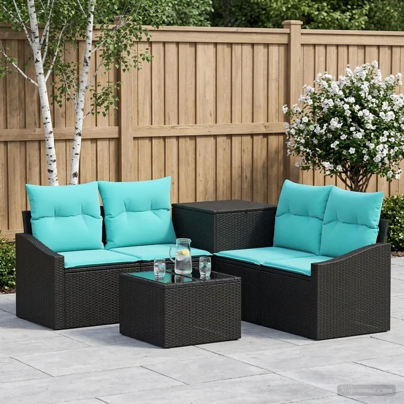 Sofa Set 6 stk. Schwarz und Blau Polyrattan und Stahl