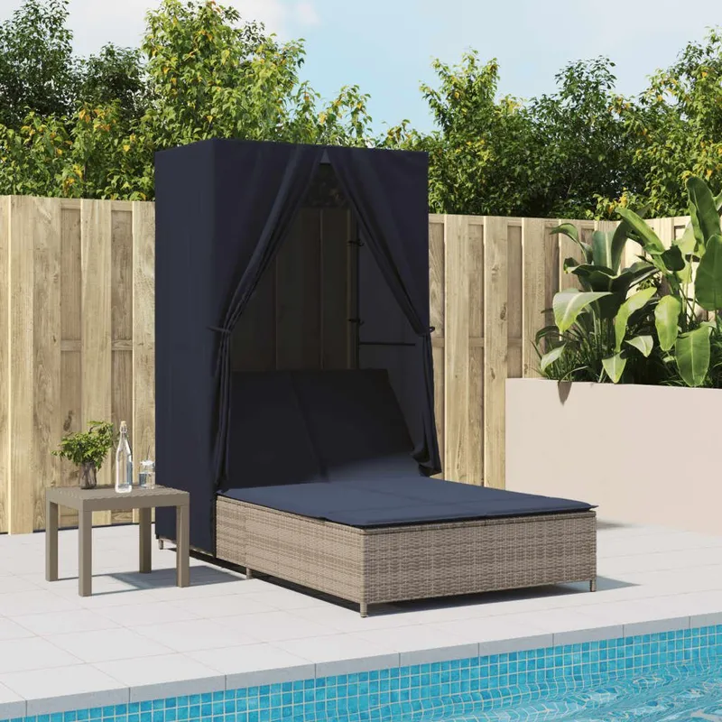 Chaise longue double avec toit et rideaux gris résine tressée